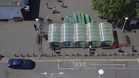 Aerial drone view of people getting into a queue for supermarket shopping Stock Footage 130557866