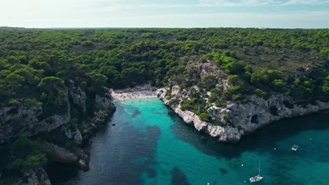 Aerial drone view of people having a good time by the beach with turquoise water Stock Footage 219570582