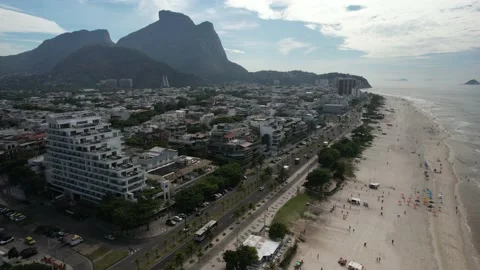 Aerial drone view of Pepe Beach At Barra Da Tijuca in Rio De Janeiro Brazil Stock Footage 232190458
