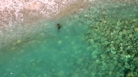 Aerial drone view of a person doing spearfishing on crystal blue water Stock Footage 273365583