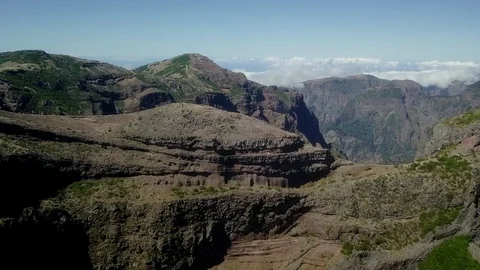 Aerial drone view of "Pico do Areeiro" footpath in Madeira island, Portugal Stock Footage 123279476