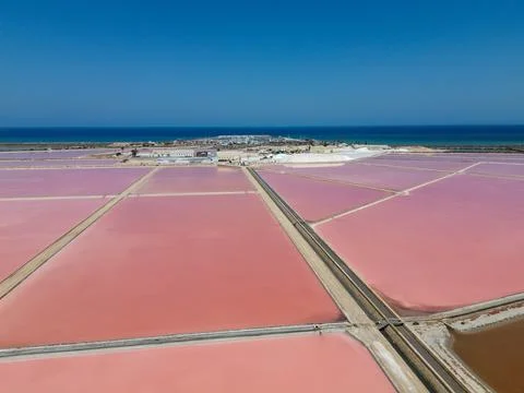 Aerial drone view of pink salt evaporation ponds in San Pedro del Pinatar Spain Stock Photos