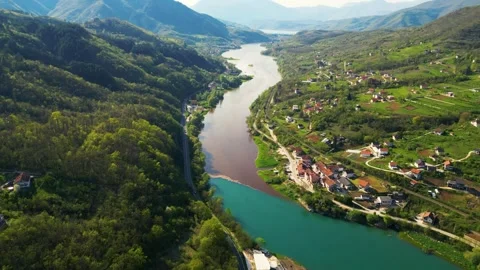 Aerial drone view of polluted river. Stock Footage 271360321