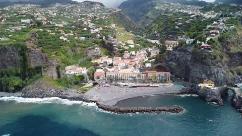Aerial drone view of Ponta do Sol during sunset, Madeira island, Portugal Stock Footage 282556490