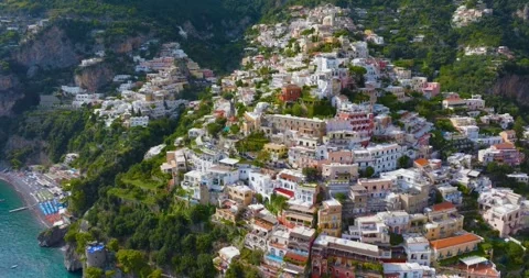 Aerial Drone View of Positano Cliffside Village on Amalfi Coast, Italy Stock Footage 340530636
