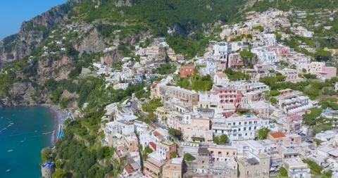 Aerial Drone View of Positano Cliffside Town on Amalfi Coast, Italy Stock Footage 340530646