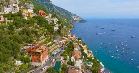 Aerial Drone View of Positano Cliffside Homes on the Amalfi Coast, Italy Stock Footage 340530662