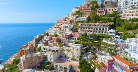 Aerial Drone View of Positano Cliffside Village on Amalfi Coast, Italy Stock Footage 340530671