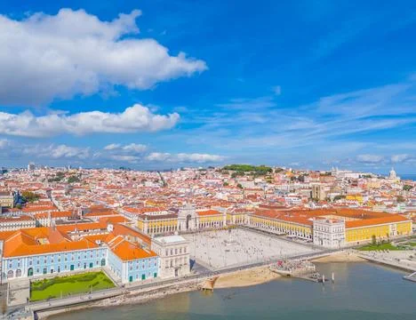 Aerial drone view of Praca do Comercio and Baixa district in Lisbon, Portugal 스톡 사진