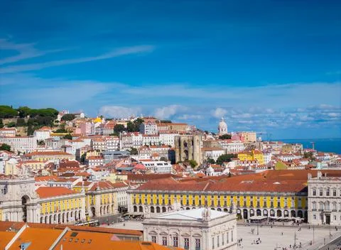 Aerial drone view of Praca do Comercio and Baixa district in Lisbon, Portugal Фото