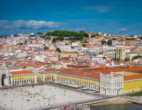 Aerial drone view of Praca do Comercio and Baixa district in Lisbon, Portugal 库存照片