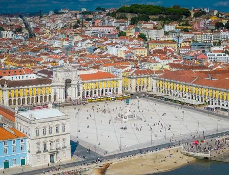 Aerial drone view of Praca do Comercio and Baixa district in Lisbon, Portugal 스톡 사진