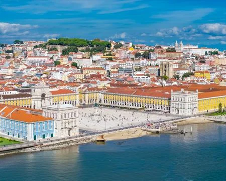 Aerial drone view of Praca do Comercio and Baixa district in Lisbon, Portugal 库存照片