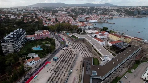 Aerial drone view of preparations for the 2023 IRONMAN Portugal in Cascais Stock Footage 253605629