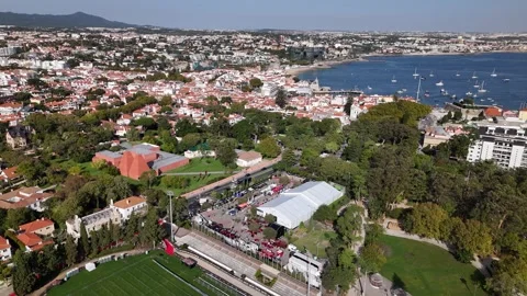 Aerial drone view of preparations for the 2025 IRONMAN Portugal in Cascais Video stock 319136090