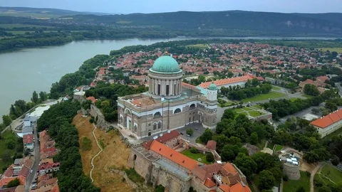 Aerial drone view of the Primatial Basilica of the Blessed Virgin in Esztergom Stock Footage 90944816