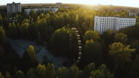 Aerial drone view of Pripyat Ferris wheel. Pripyat near the Chernobyl nuclear Stock Footage 153140132