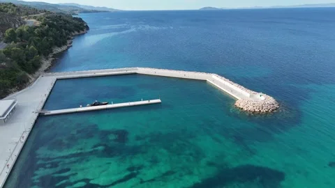 Aerial drone view of private marina and turquoise sea near luxury beach Stock Footage 327733951