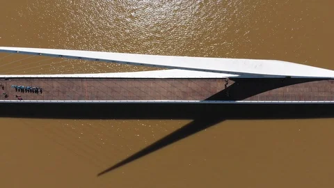 Aerial drone view of Puente de la Mujer bridge, Puerto Madero, Buenos Aires Stock Footage 100836253