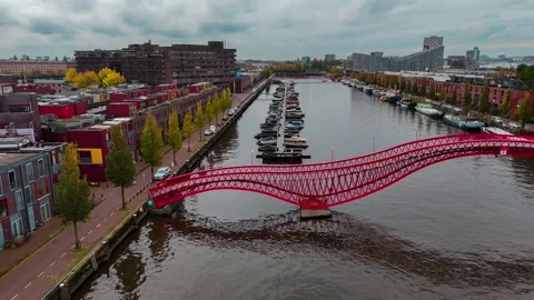 Aerial drone view Python Bridge Eastern Docklands Amsterdam Netherlands 動画素材 271172173