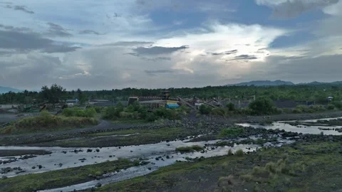 Aerial drone view of quarry processing plant and rocky river landscape. Stock Footage 337794611