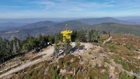 Aerial drone view of Ram Mountain.Observation tower on the top of the mount.. Stock Footage 309933737