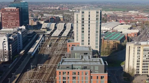 Aerial Drone View of Reading Train Station and Urban Surroundings Stock Footage 331115784