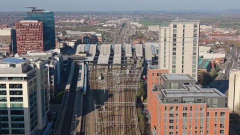 Aerial Drone View of Reading Train Station and Urban Surroundings Stock Footage 331115869
