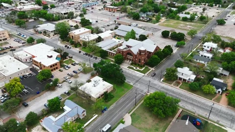 Aerial Drone View of Red Brick Church in Kerrville Texas Stock Footage 345145400