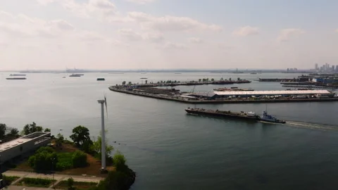 Aerial drone view of Red Hook shipping docks and vessels in New York Harbor Stock Footage 316504686