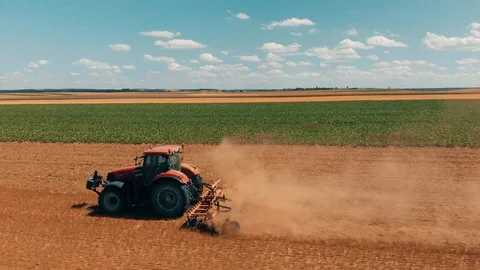 Aerial drone view of red tracor working in wheat field. Agriculture and Stock Footage 93288317