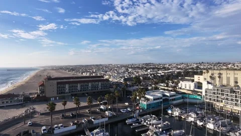 Aerial Drone View of Redondo Beach Marina, Coastline and Beach, California Видео 340657004