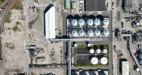 Aerial drone view of a refinery and storage of chemical products infrastructure Stock-Footage 254000209