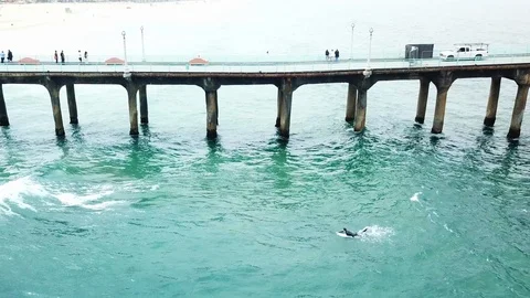 Aerial Drone view of Riding Waves: Surfing Adventures Along Manhattan Beach Pier Stock Footage 90578569