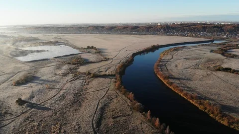 Aerial drone view, of the river among the fields. Stock Footage 101467155