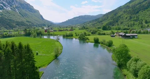 Aerial Drone View of a River and Town in Norway (Stryn) Stock Footage 247378306