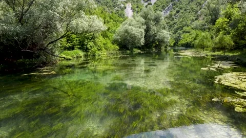 Aerial drone view of river flowing through the canyon. Mountain river in spring Stock Footage 155595046