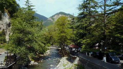 Aerial drone view of the river in the mountain park, Borjomi, Georgia Stock Footage 94138326