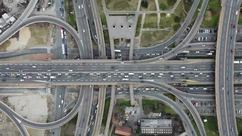 Aerial drone view of a road junction at sunset Belgrade, Serbia, Europe Stock Footage 270872179