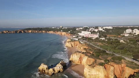 Aerial drone view of Rocha do Leao, Praia do Vau and Ponta Joao de Arens Stock Footage 167924209