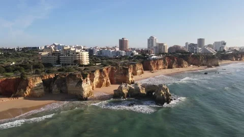 Aerial drone view of Rocha do Leao, Praia do Vau and Ponta Joao de Arens Stock Footage 167924261
