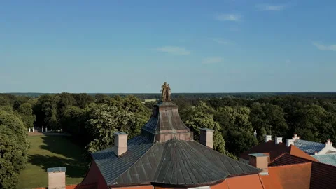 Aerial Drone View of Rogalin Palace Roof and Statue Stock Footage 324961013