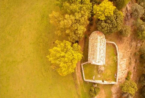 Aerial drone view of romanesque medieval church Stock Photos