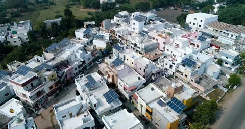 Aerial Drone View of Rooftop Solar Panels in Gujarat, India 03 Stock Footage 341384002