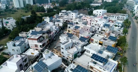 Aerial Drone View of Rooftop Solar Panels in Gujarat, India 01 Stock Footage 341384015