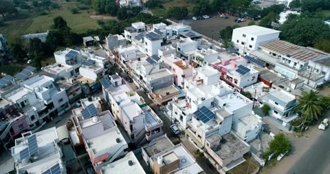 Aerial Drone View of Rooftop Solar Panels in Gujarat, India 04 Stock Footage 341384017