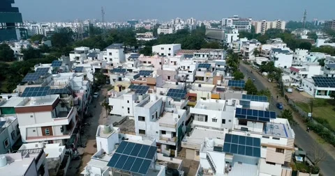Aerial Drone View of Rooftop Solar Panels in Gujarat, India 06 Stock Footage 341384152