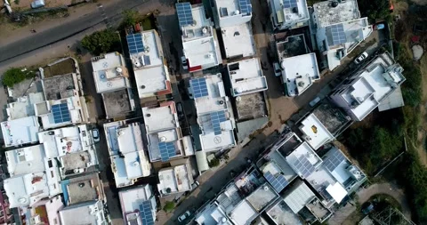 Aerial Drone View of Rooftop Solar Panels in Gujarat, India 07 Stock Footage 341384154