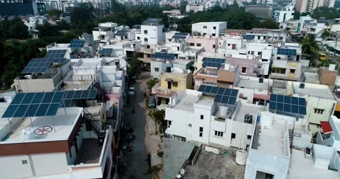 Aerial Drone View of Rooftop Solar Panels in Gujarat, India 08 Stock Footage 341384181