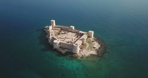 Aerial Drone View Rotate Over Kizkalesi Castle Turquoise Water Mersin Turkey 4K Stock Footage 85530134